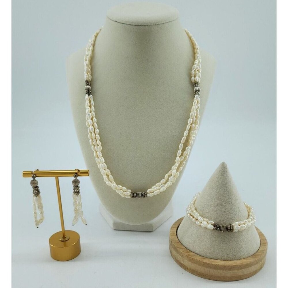 Multi-Strand Seed Pearl Necklace Bracelet & Earring 3 Piece Jewelry Set 925 RTI
